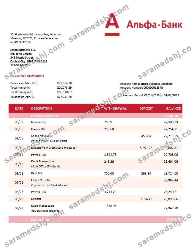 Alfa Bank organization checking account statement Word and PDF template